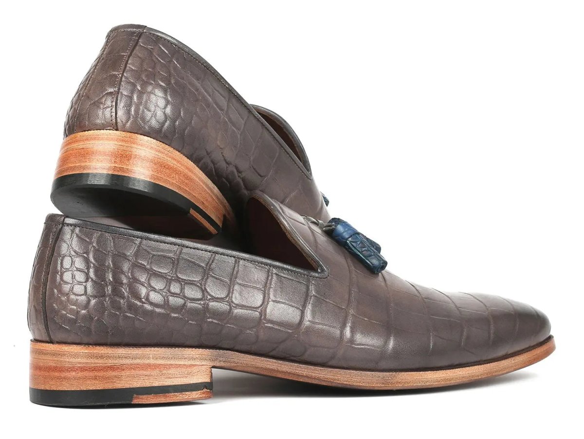 Paul Parkman Men's Crocodile Embossed Calfskin Tassel Loafer in Gray