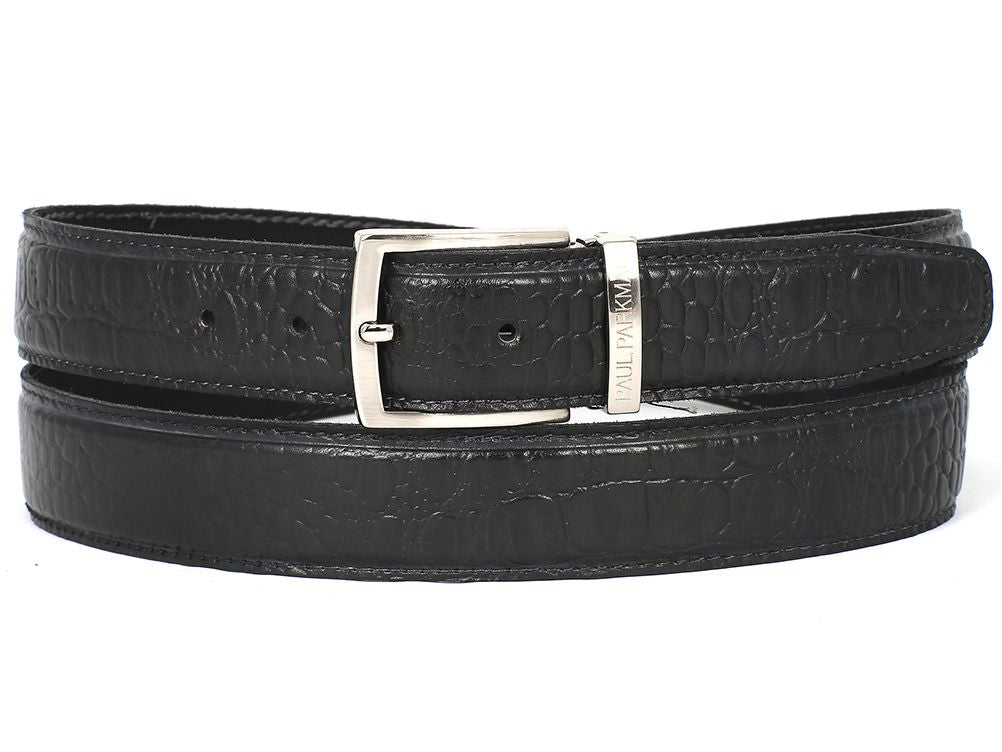 Paul Parkman Men's Crocodile Textured Leather Belt Black (IDB02 BLK)
