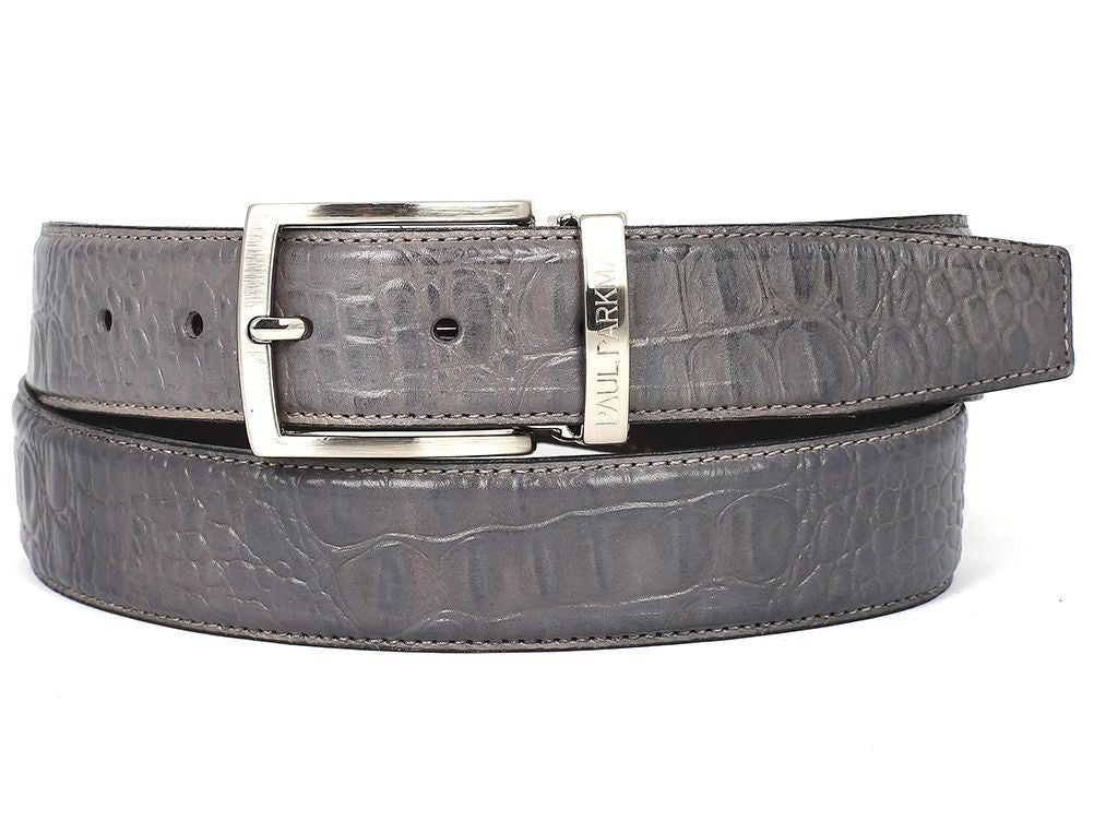 Paul Parkman Men's Crocodile Textured Leather Belt Gray (IDB02 GRY)