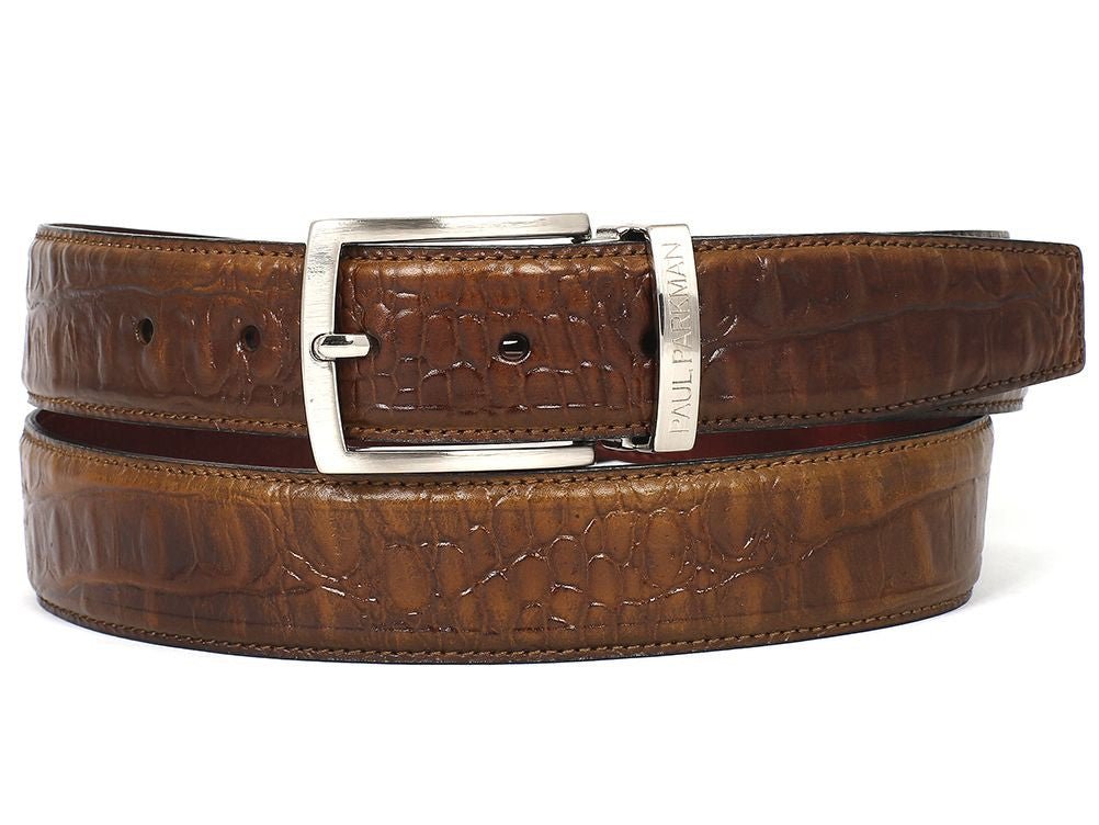 Paul Parkman Men's Crocodile Textured Leather Belt Olive (IDB02 OLV)
