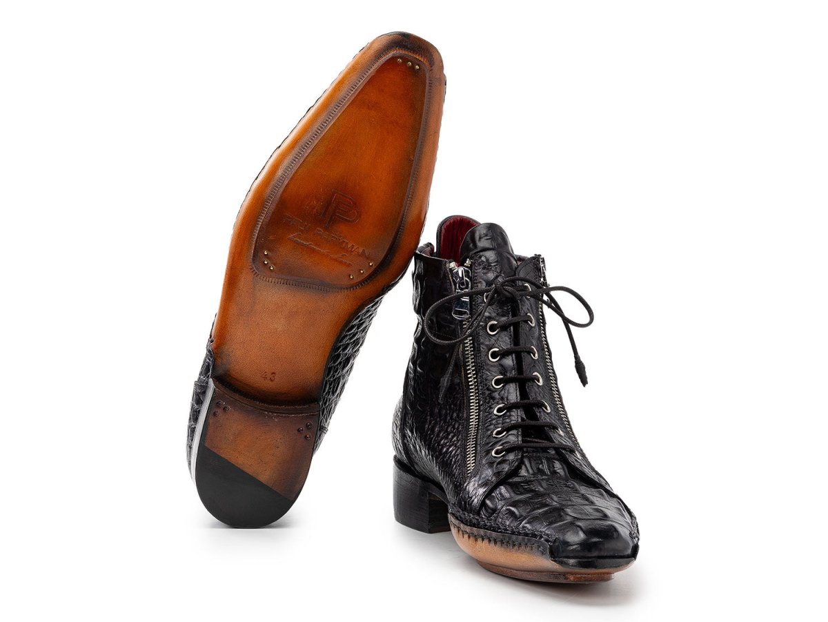 Paul Parkman Men's Custom Made Black Crocodile Textured Leather Zipper Boots 88APT68