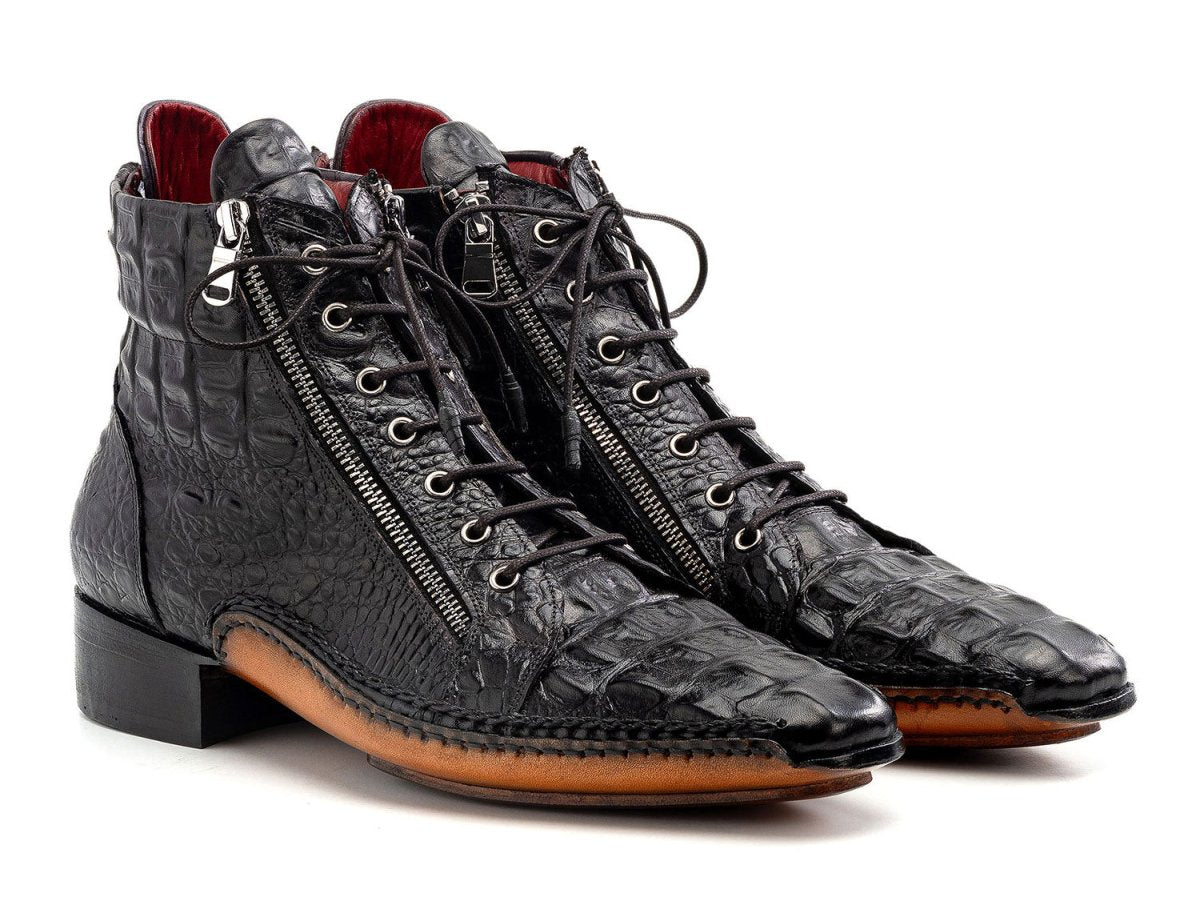 Paul Parkman Men's Custom Made Black Crocodile Textured Leather Zipper Boots 88APT68