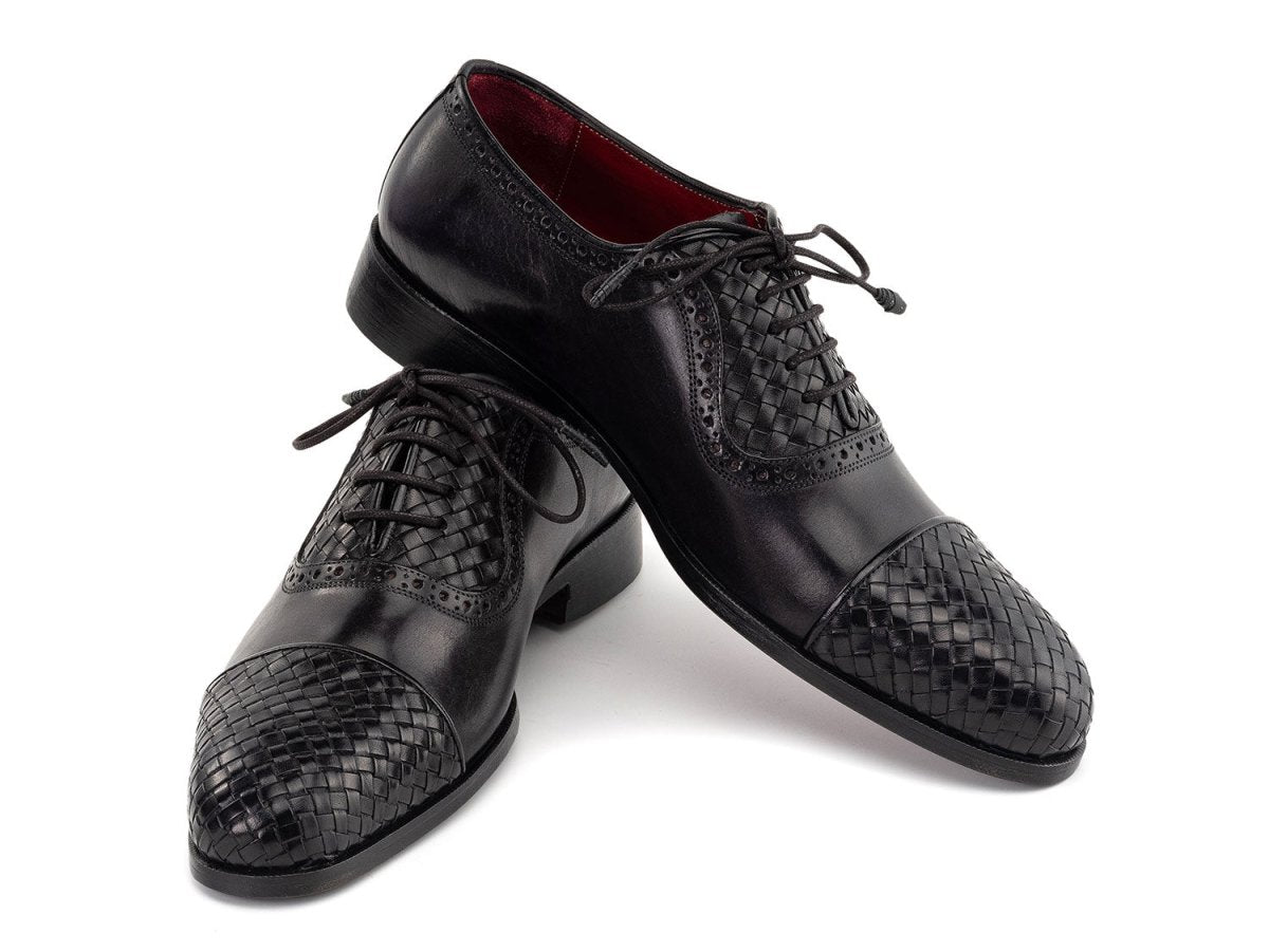 Paul Parkman Men's Custom Made Black Woven Leather Cap Toe Oxford Shoes 49851 BLK