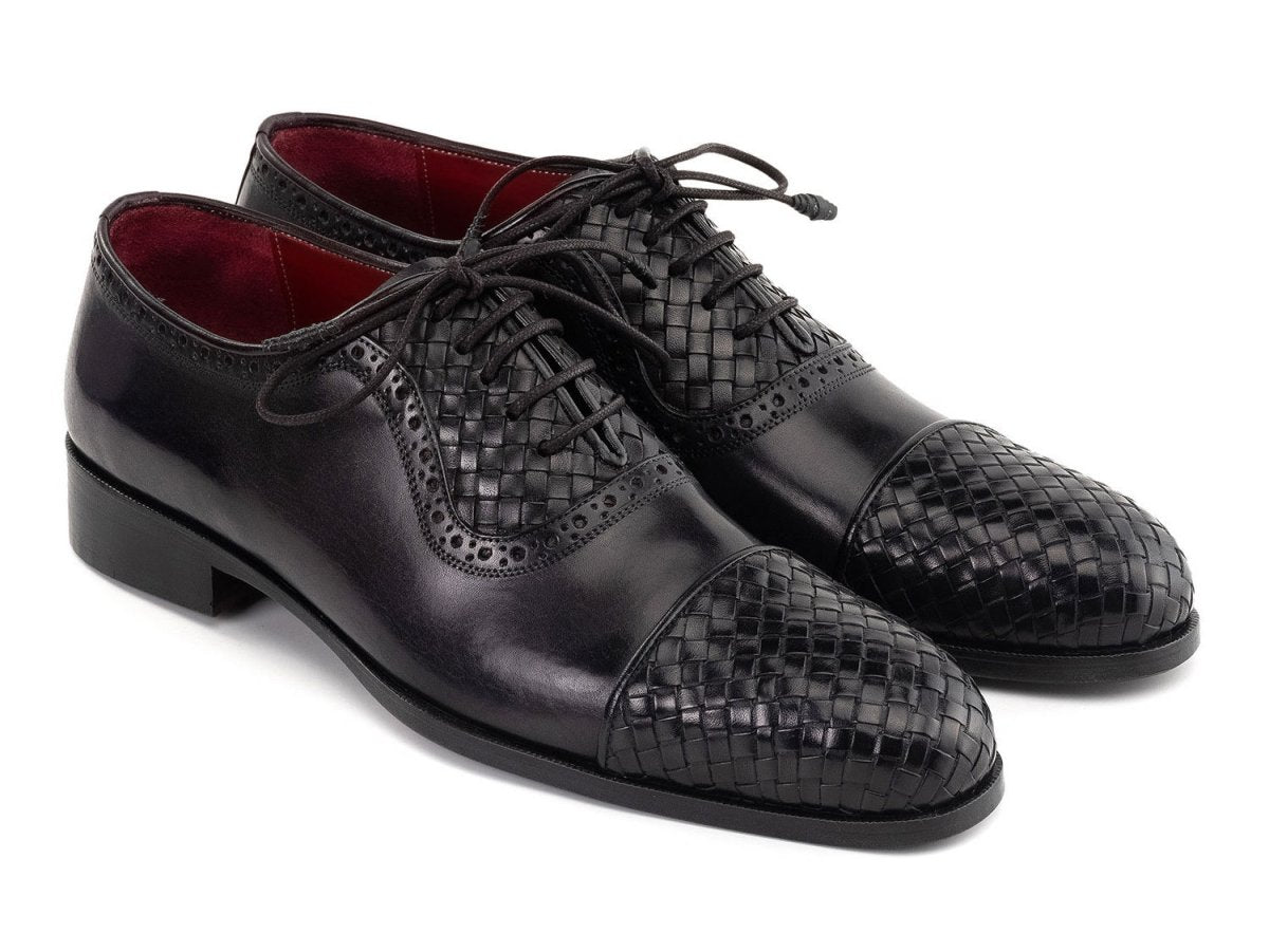 Paul Parkman Men's Custom Made Black Woven Leather Cap Toe Oxford Shoes 49851 BLK