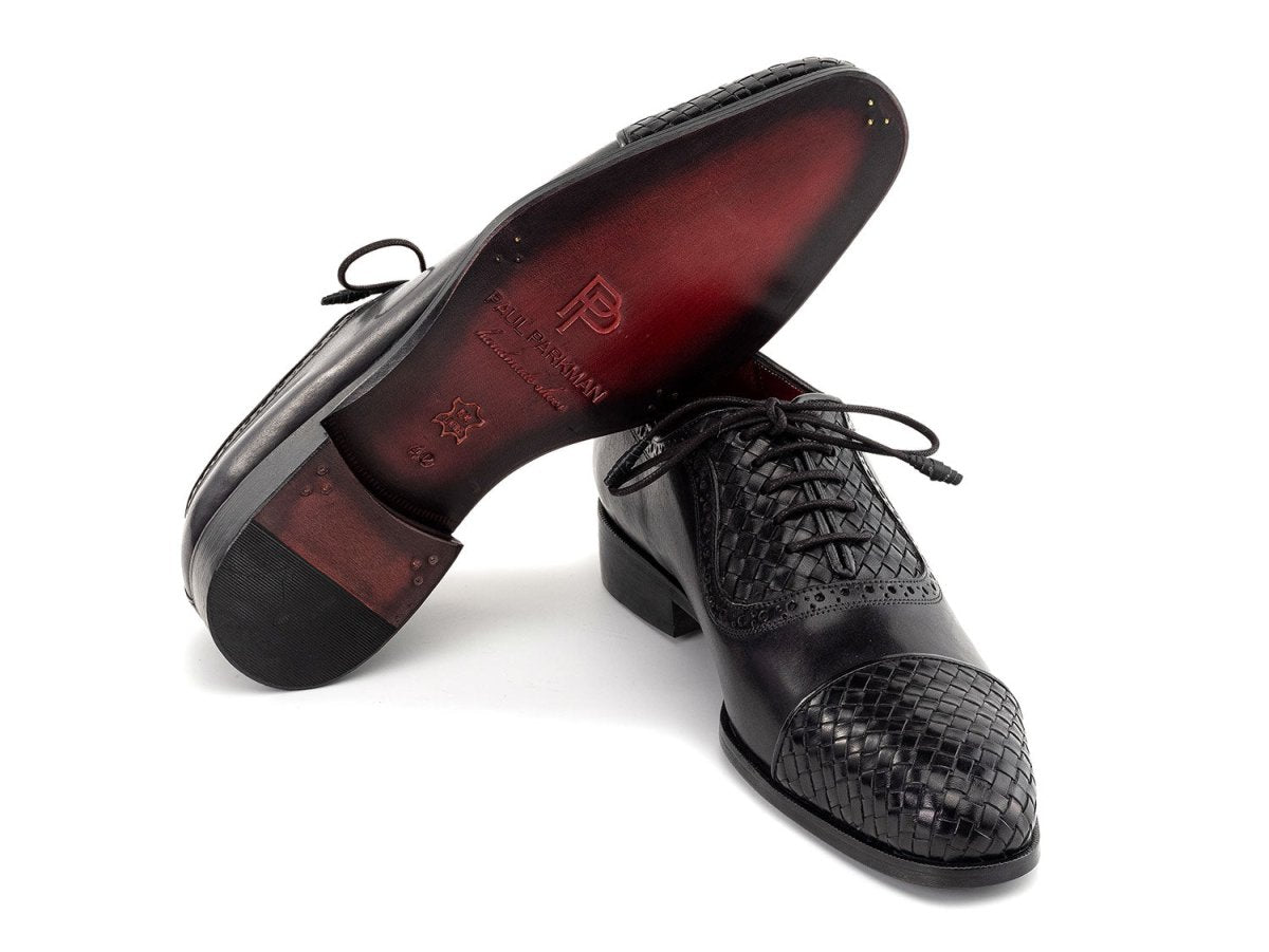 Paul Parkman Men's Custom Made Black Woven Leather Cap Toe Oxford Shoes 49851 BLK