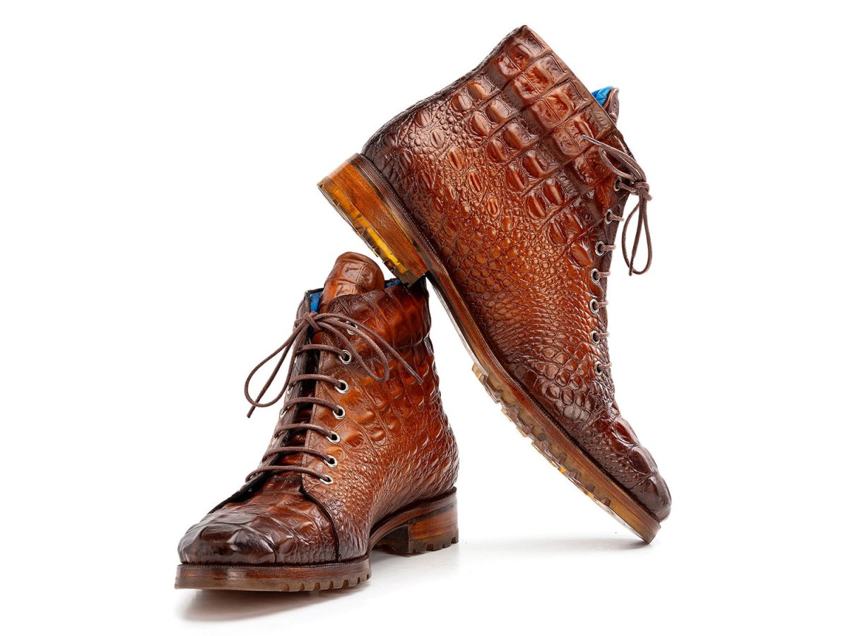 Paul Parkman Men's Custom Made Brown Croco Embossed Leather Boots 12811 BRW