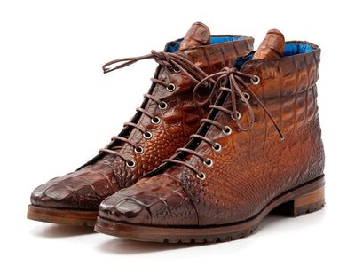 Paul Parkman Men's Custom Made Brown Croco Embossed Leather Boots 12811 BRW