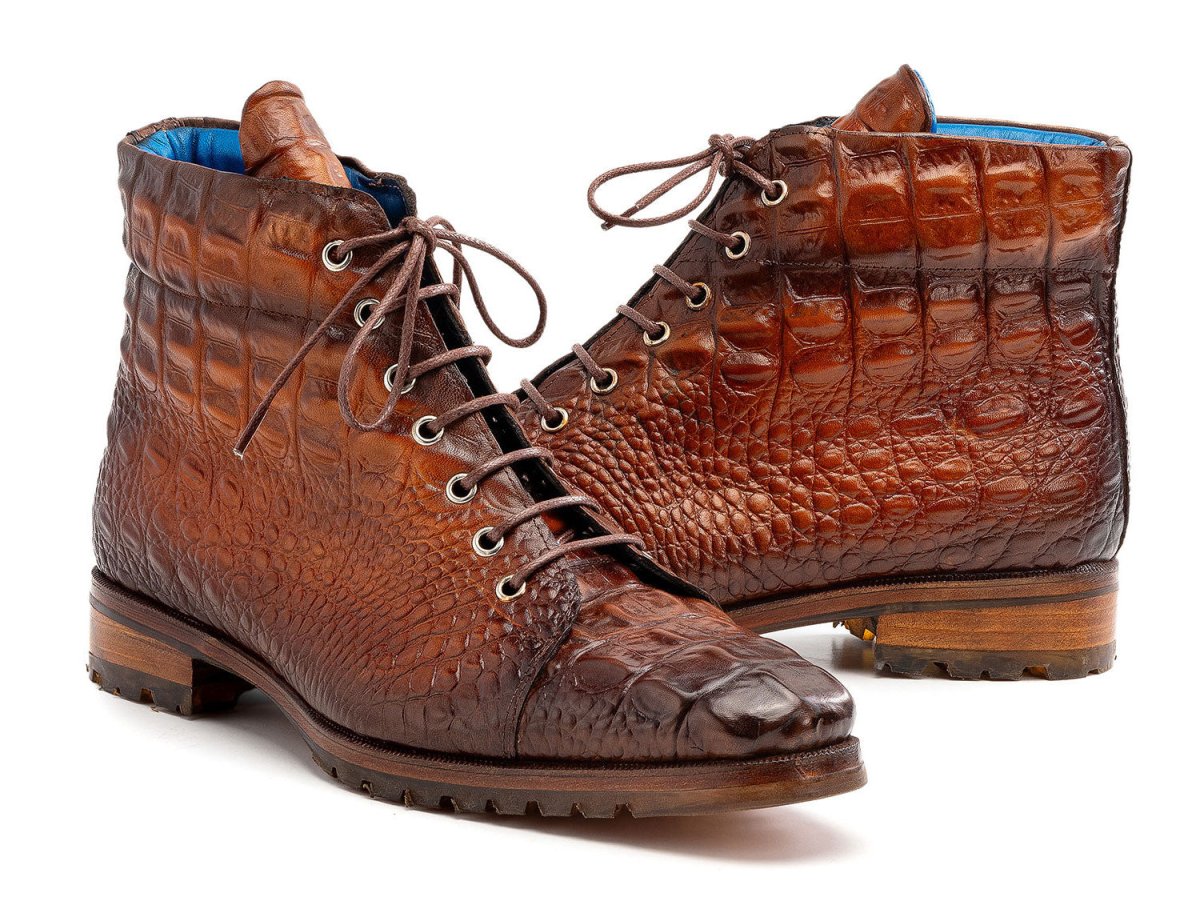 Paul Parkman Men's Custom Made Brown Croco Embossed Leather Boots 12811 BRW
