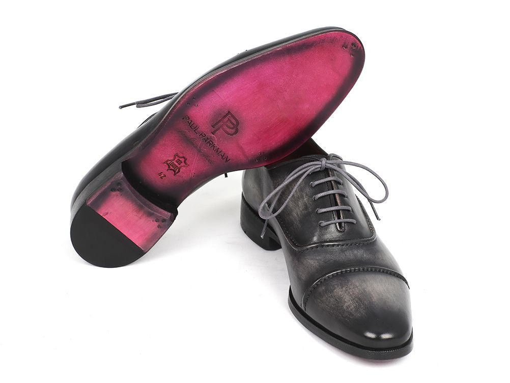 Paul Parkman Men's Custom Made Captoe Oxfords Gray and Black Hand Painted Shoes 077 - GRY