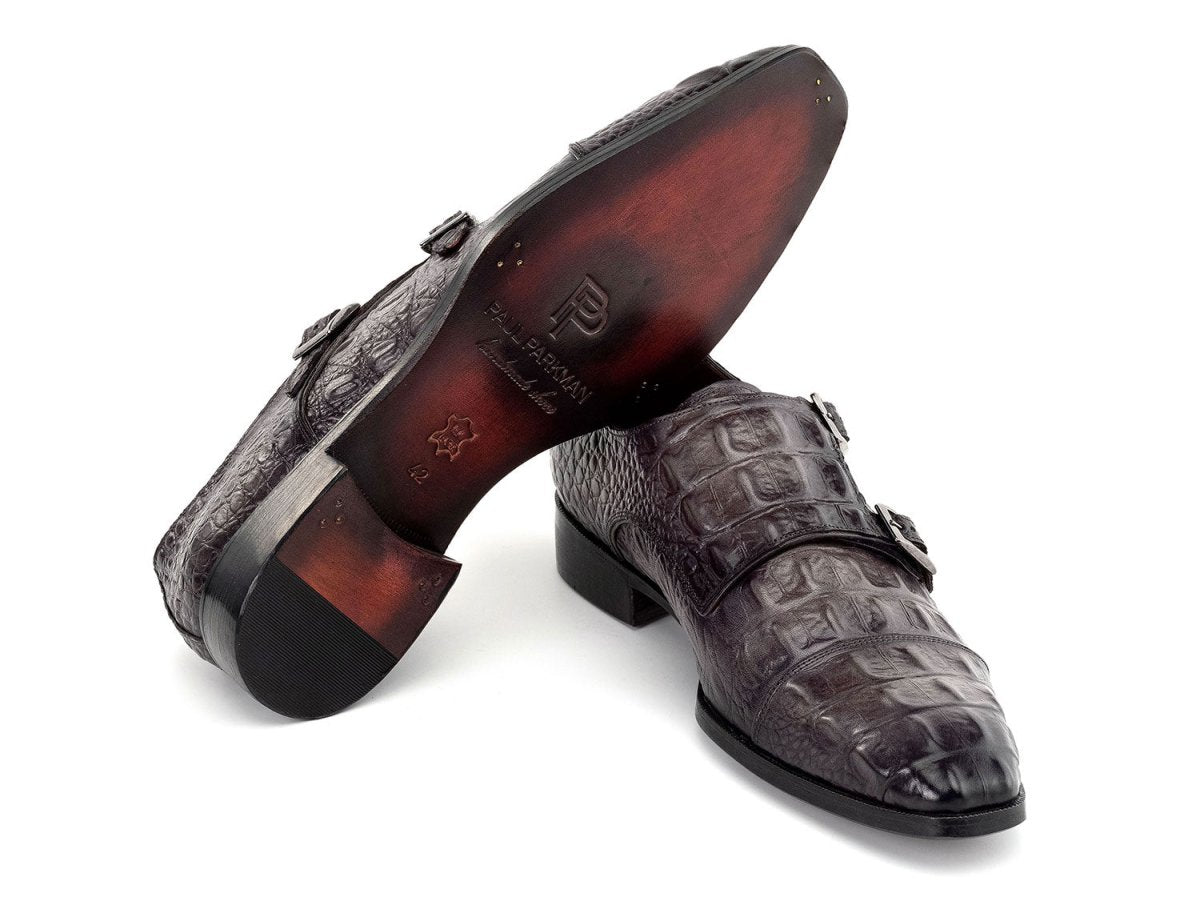 Paul Parkman Men's Custom Made Double Monkstrap Shoes Gray Crocodile Textured Leather 045BF96