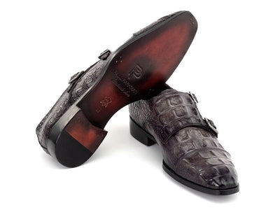 Paul Parkman Men's Custom Made Double Monkstrap Shoes Gray Crocodile Textured Leather 045BF96