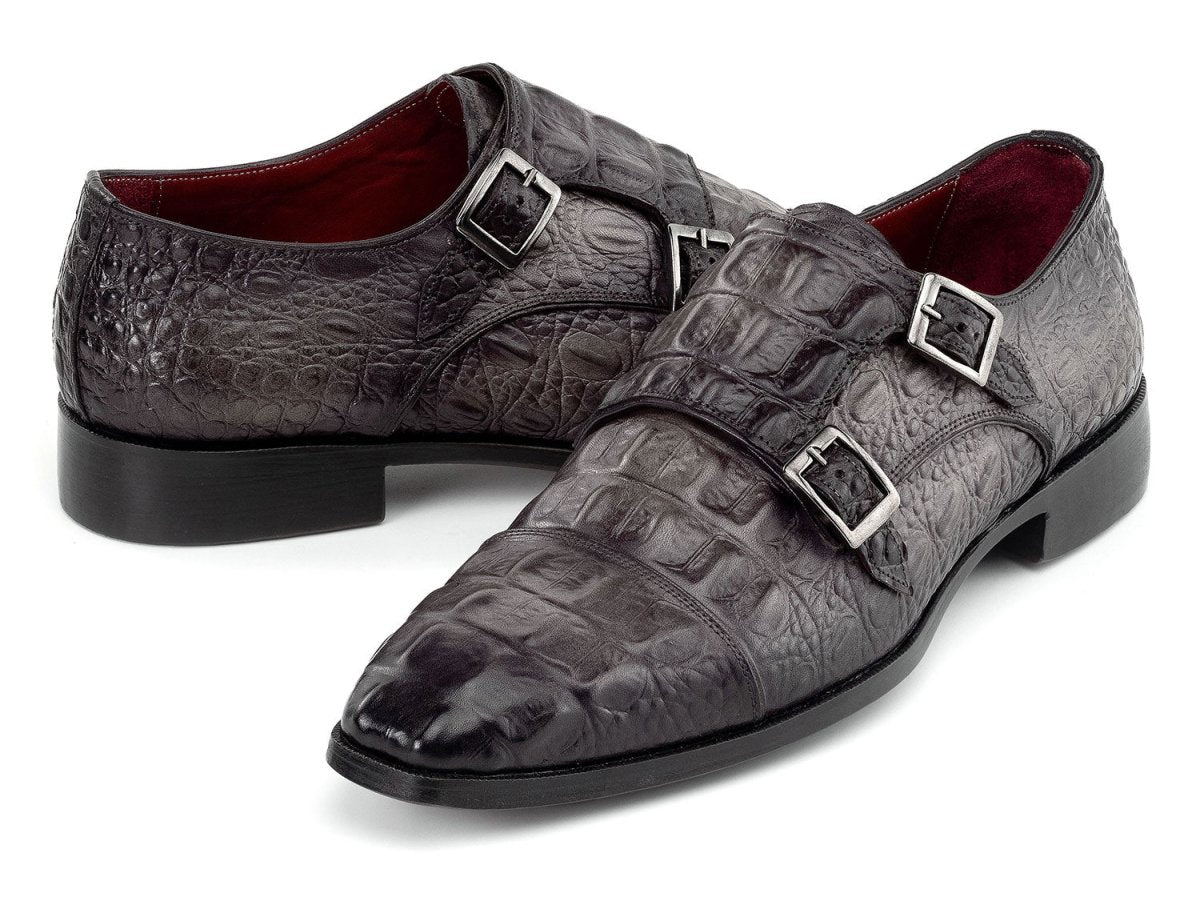 Paul Parkman Men's Custom Made Double Monkstrap Shoes Gray Crocodile Textured Leather 045BF96