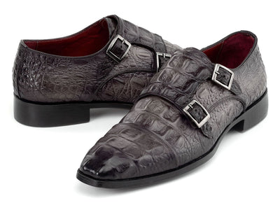 Paul Parkman Men's Custom Made Double Monkstrap Shoes Gray Crocodile Textured Leather 045BF96