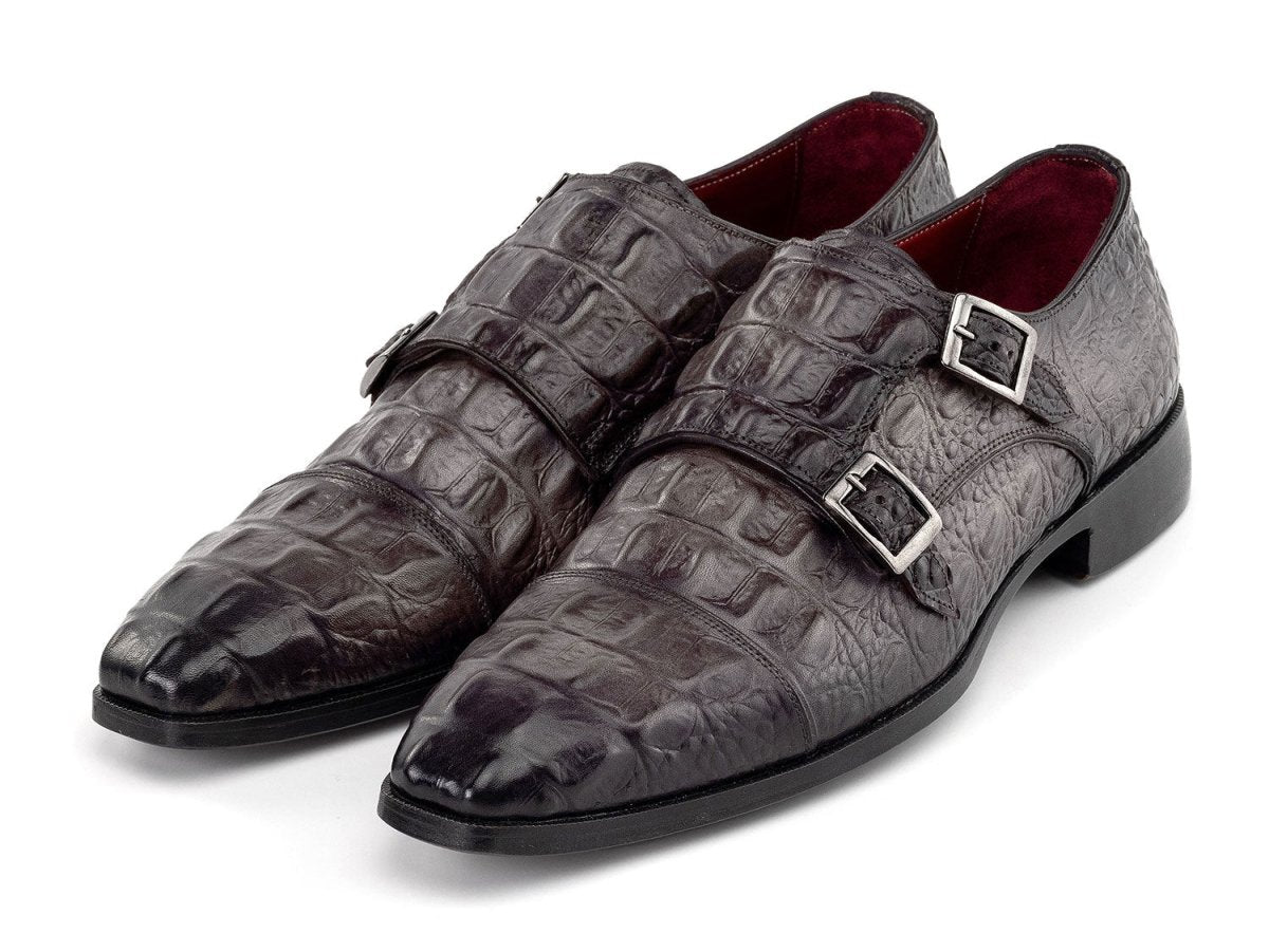 Paul Parkman Men's Custom Made Double Monkstrap Shoes Gray Crocodile Textured Leather 045BF96