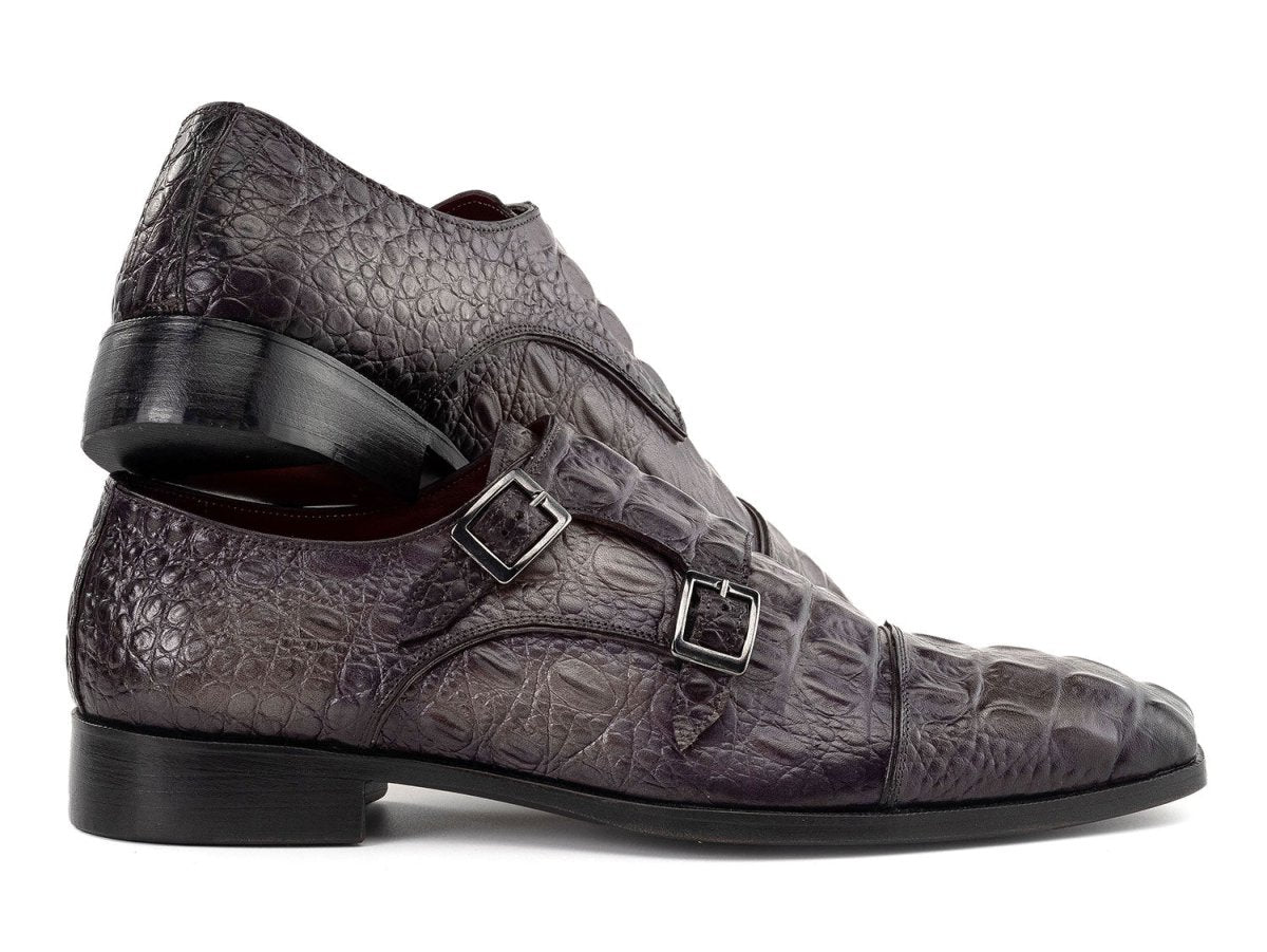 Paul Parkman Men's Custom Made Double Monkstrap Shoes Gray Crocodile Textured Leather 045BF96