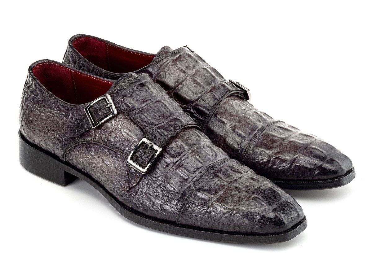 Paul Parkman Men's Custom Made Double Monkstrap Shoes Gray Crocodile Textured Leather 045BF96