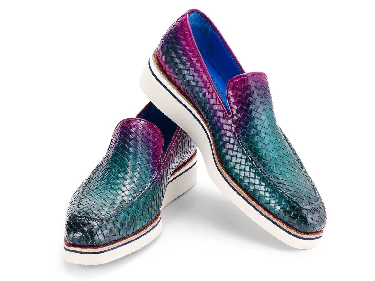 Paul Parkman Men's Custom Made Green and Purple Smart Casual Woven Leather Loafers 186 WN GPR