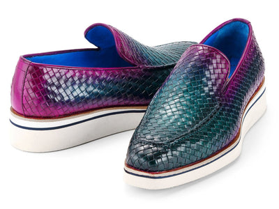 Paul Parkman Men's Custom Made Green and Purple Smart Casual Woven Leather Loafers 186 WN GPR