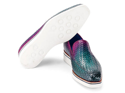 Paul Parkman Men's Custom Made Green and Purple Smart Casual Woven Leather Loafers 186 WN GPR
