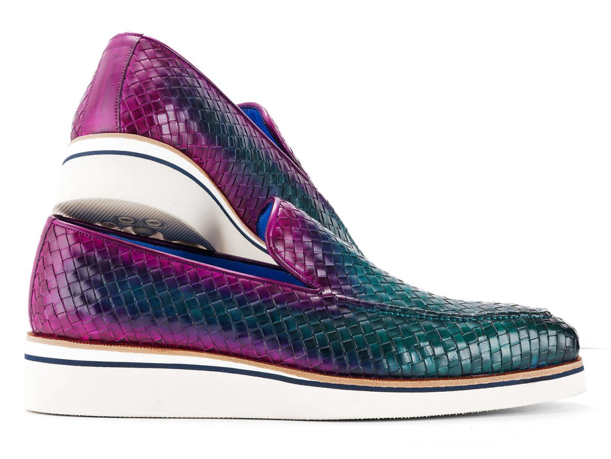 Paul Parkman Men's Custom Made Green and Purple Smart Casual Woven Leather Loafers 186 WN GPR