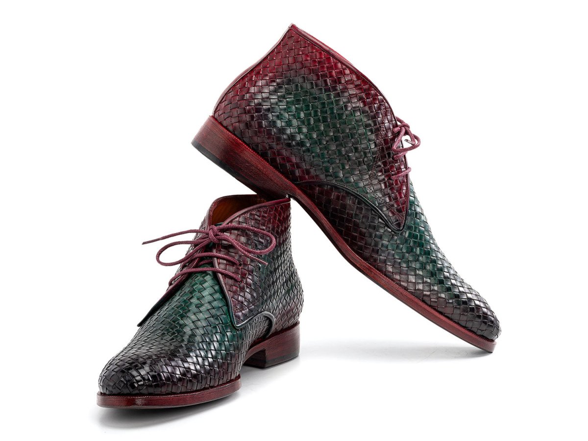 Paul Parkman Men's Custom Made Green and Purple Woven Leather Chukka Boots CK82WGP