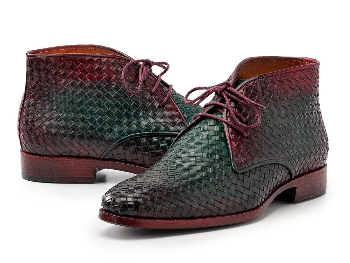 Paul Parkman Men's Custom Made Green and Purple Woven Leather Chukka Boots CK82WGP