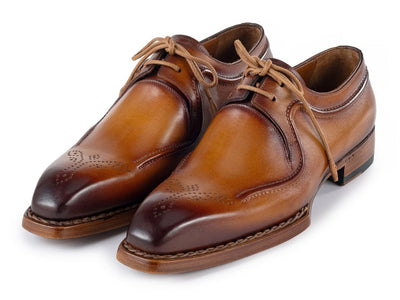 Paul Parkman Men's Custom Made Hand Welted Camel Brown Leather Derby Shoes 326B12