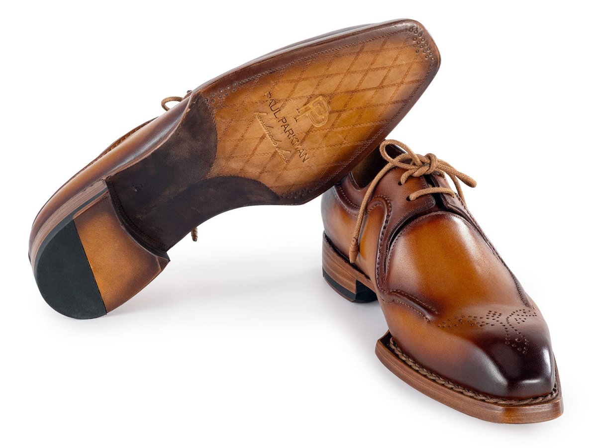 Paul Parkman Men's Custom Made Hand Welted Camel Brown Leather Derby Shoes 326B12