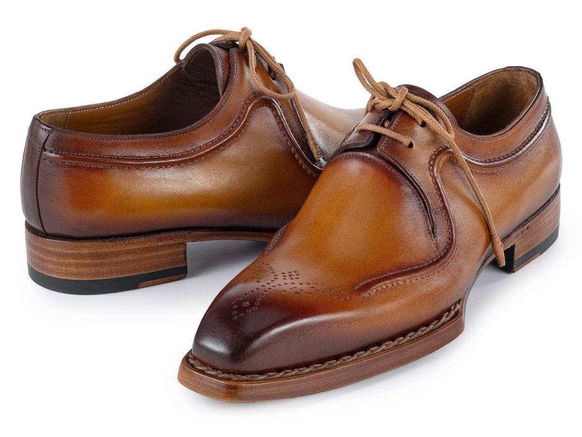 Paul Parkman Men's Custom Made Hand Welted Camel Brown Leather Derby Shoes 326B12