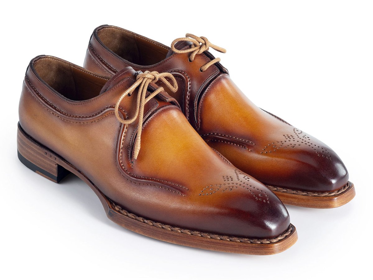 Paul Parkman Men's Custom Made Hand Welted Camel Brown Leather Derby Shoes 326B12