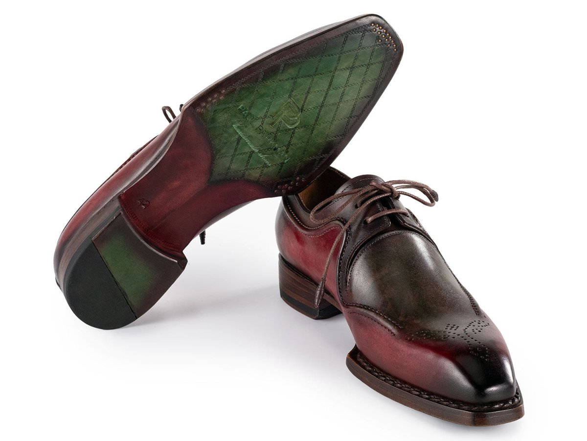 Paul Parkman Men's Custom Made Hand Welted Green and Brown Leather Derby Shoes 326Y27