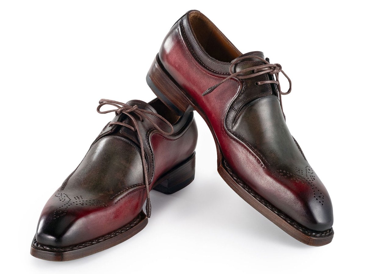 Paul Parkman Men's Custom Made Hand Welted Green and Brown Leather Derby Shoes 326Y27