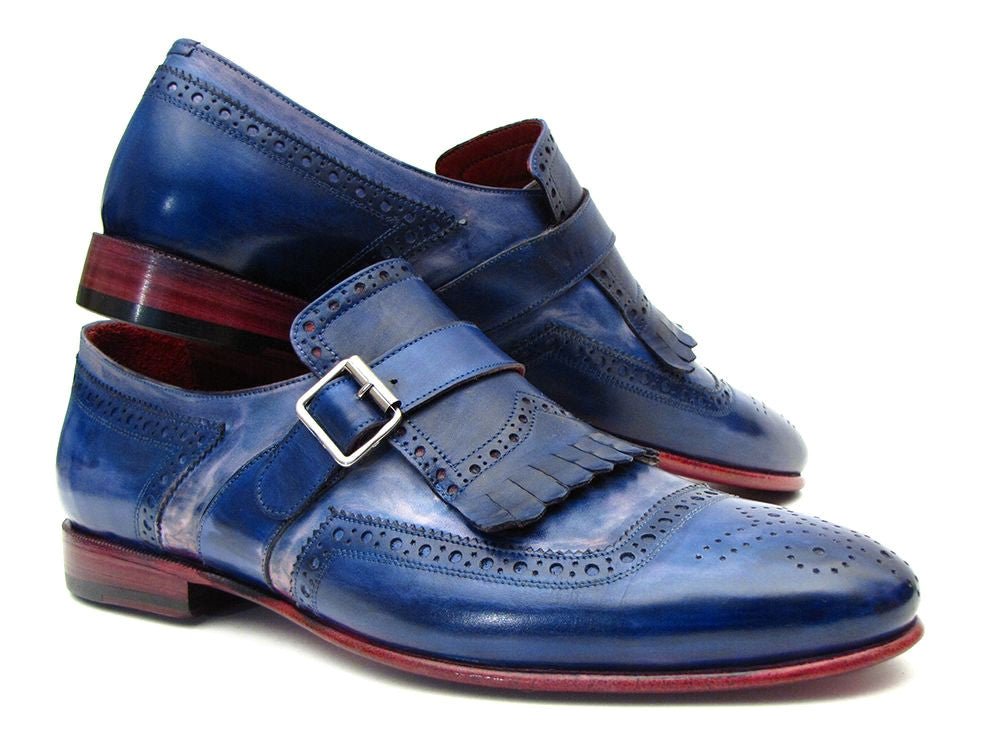 Paul Parkman Men's Custom Made Kiltie Monkstrap Shoes Dual Tone Blue Leather 12BL78