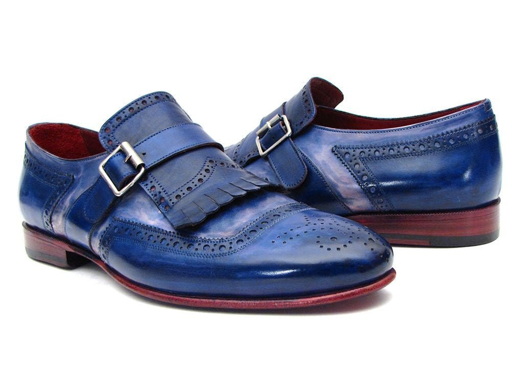 Paul Parkman Men's Custom Made Kiltie Monkstrap Shoes Dual Tone Blue Leather 12BL78
