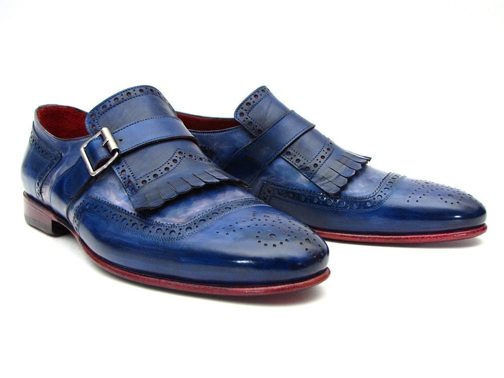Paul Parkman Men's Custom Made Kiltie Monkstrap Shoes Dual Tone Blue Leather 12BL78