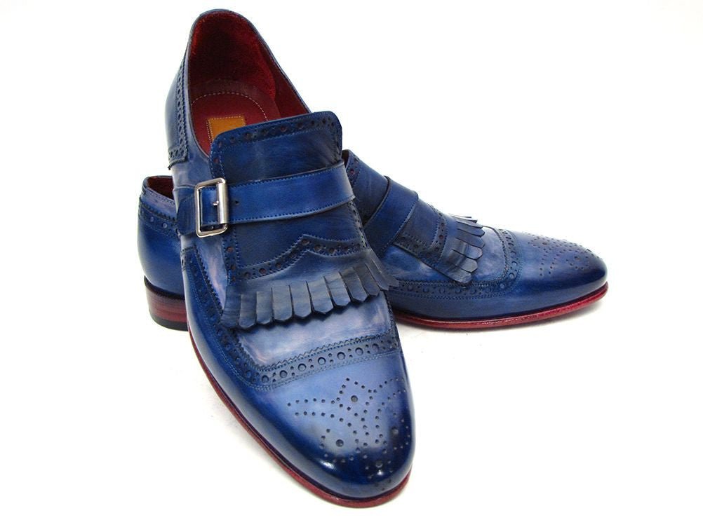 Paul Parkman Men's Custom Made Kiltie Monkstrap Shoes Dual Tone Blue Leather 12BL78