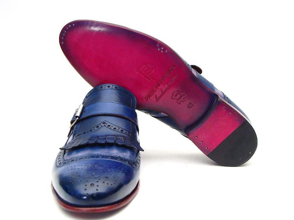 Paul Parkman Men's Custom Made Kiltie Monkstrap Shoes Dual Tone Blue Leather 12BL78