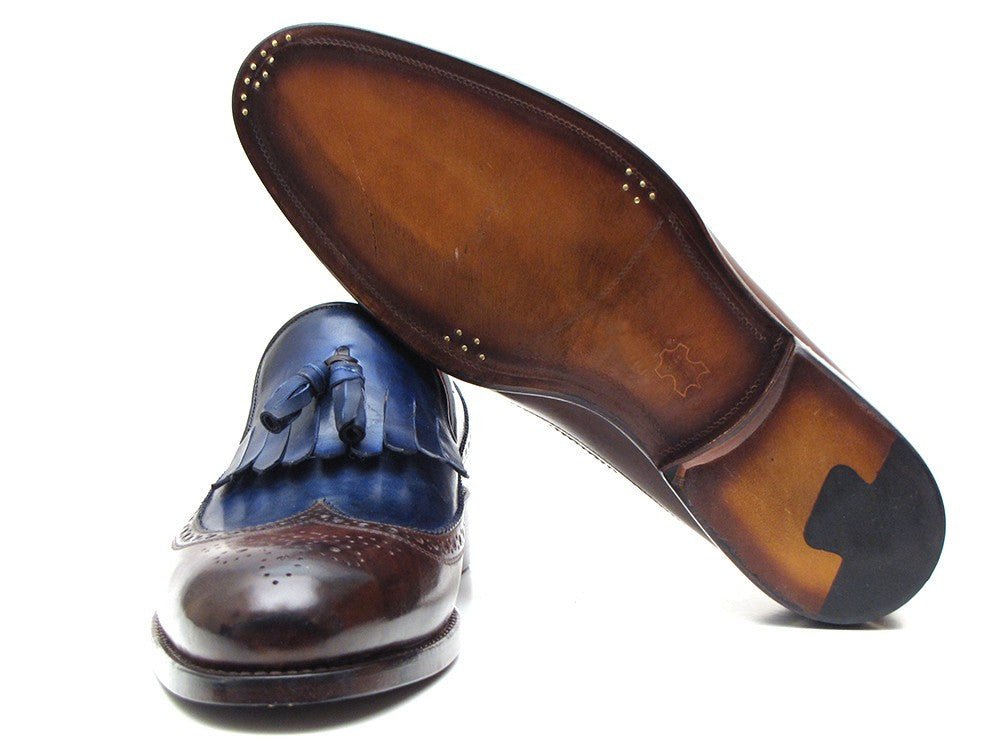 Paul Parkman Men's Custom Made Leather Kiltie Loafers with Tassel in Dark Brown and Navy