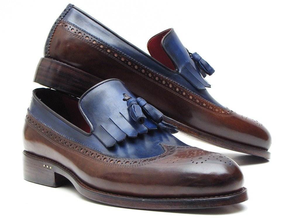 Paul Parkman Men's Custom Made Leather Kiltie Loafers with Tassel in Dark Brown and Navy