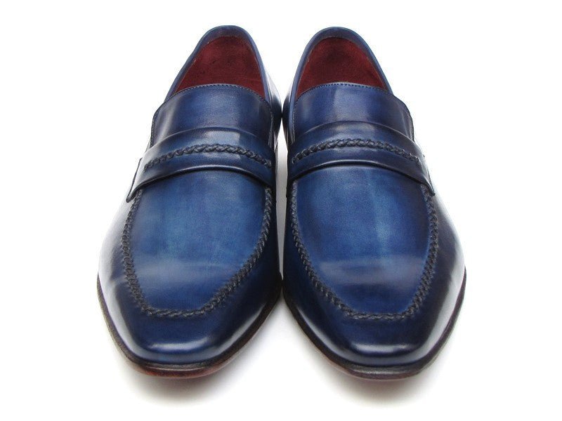 Paul Parkman Men's Custom Made Navy Leather Loafers – Hand Painted Dress Shoes