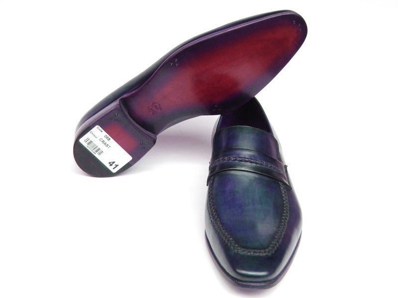 Paul Parkman Men's Custom Made Navy Leather Loafers – Hand Painted Dress Shoes