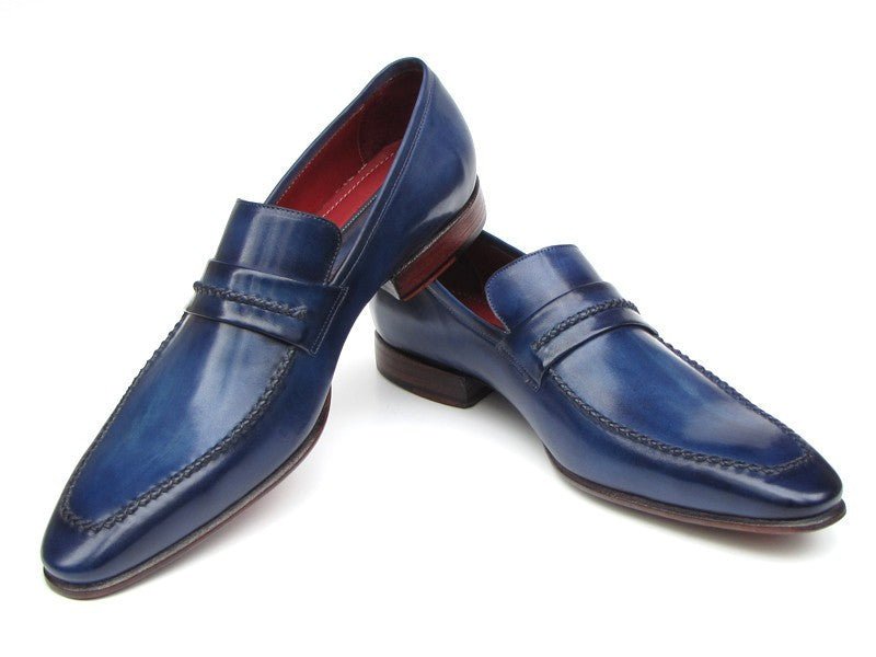 Paul Parkman Men's Custom Made Navy Leather Loafers – Hand Painted Dress Shoes