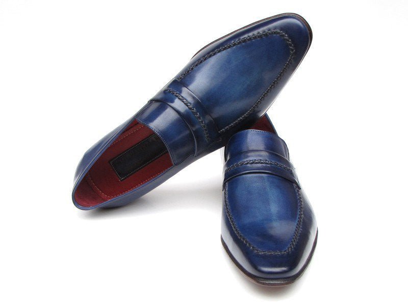 Paul Parkman Men's Custom Made Navy Leather Loafers – Hand Painted Dress Shoes