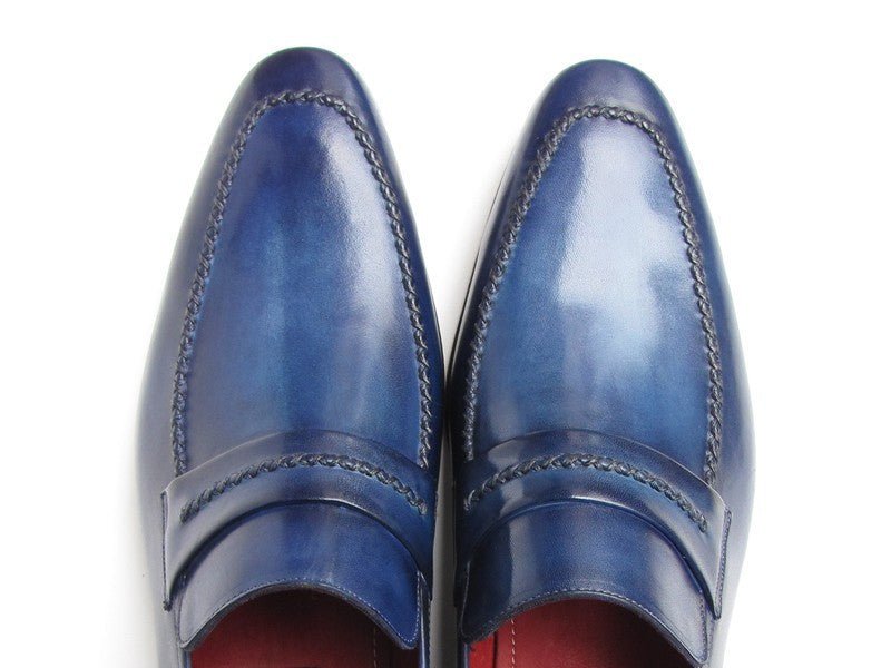 Paul Parkman Men's Custom Made Navy Leather Loafers – Hand Painted Dress Shoes