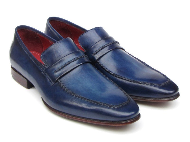Paul Parkman Men's Custom Made Navy Leather Loafers – Hand Painted Dress Shoes