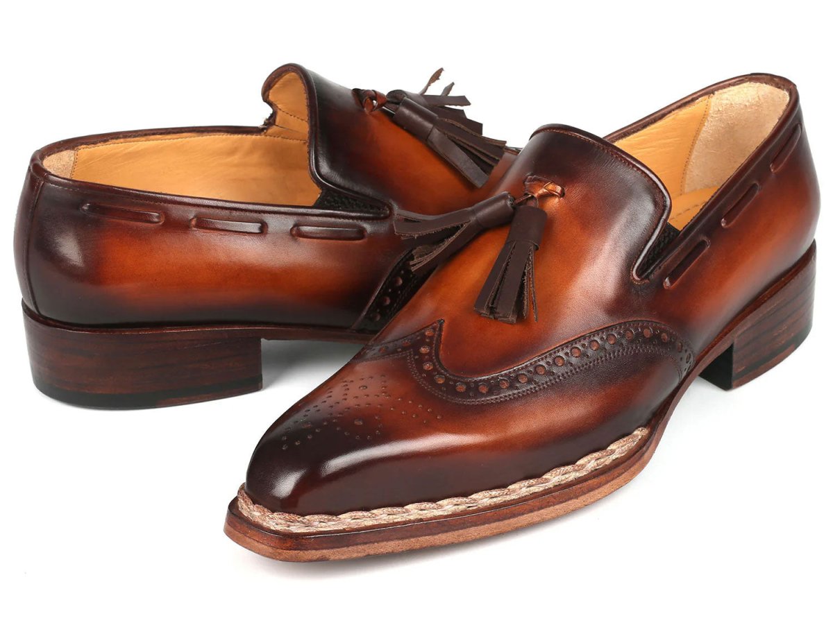 Paul Parkman Men's Custom Made Norwegian Welted Tassel Loafers Brown Burnished Leather 8507 BRW