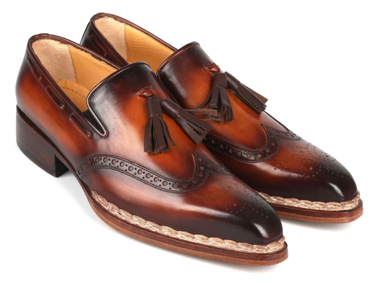 Paul Parkman Men's Custom Made Norwegian Welted Tassel Loafers Brown Burnished Leather 8507 BRW