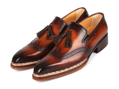 Paul Parkman Men's Custom Made Norwegian Welted Tassel Loafers Brown Burnished Leather 8507 BRW