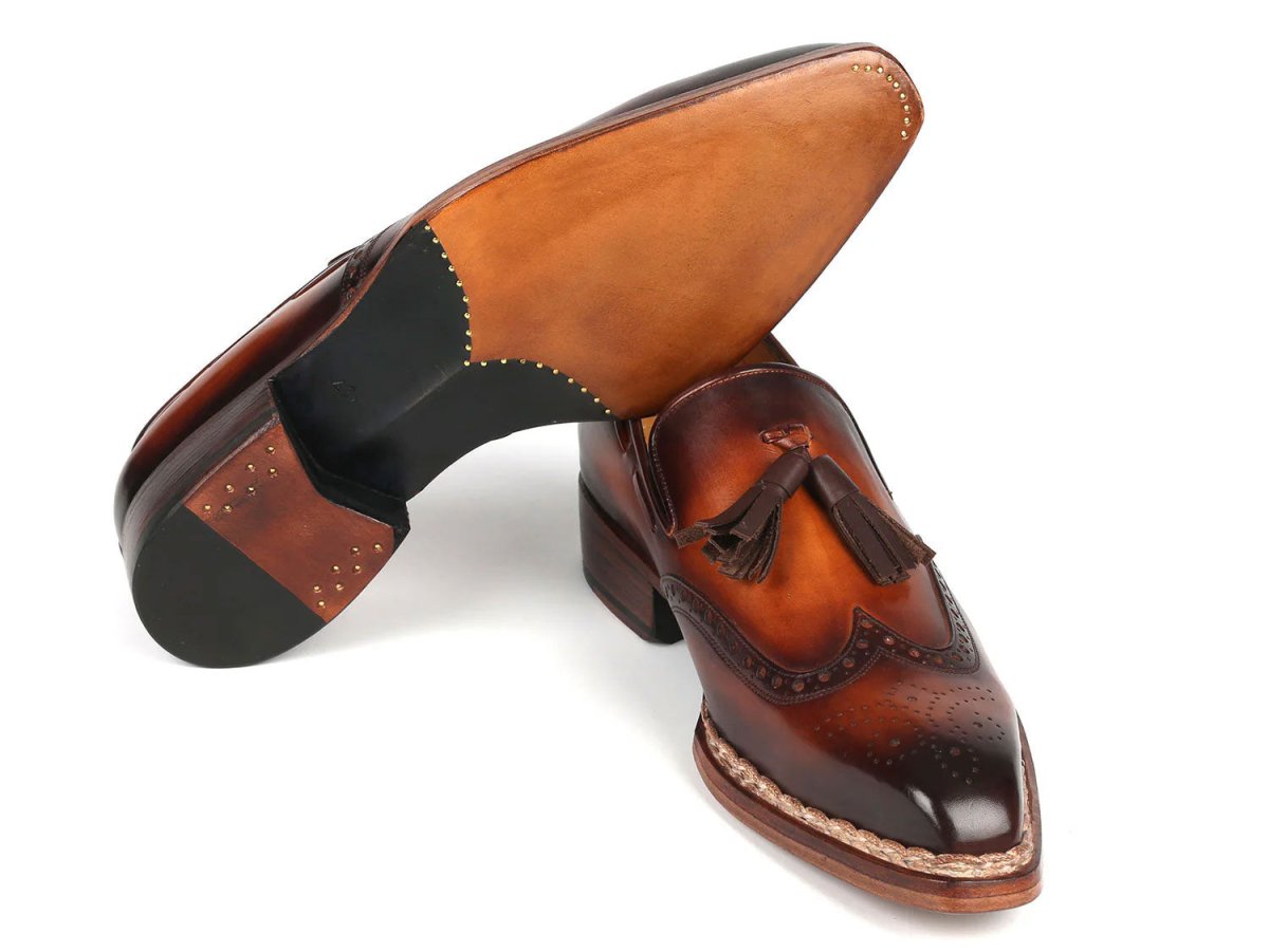 Paul Parkman Men's Custom Made Norwegian Welted Tassel Loafers Brown Burnished Leather 8507 BRW