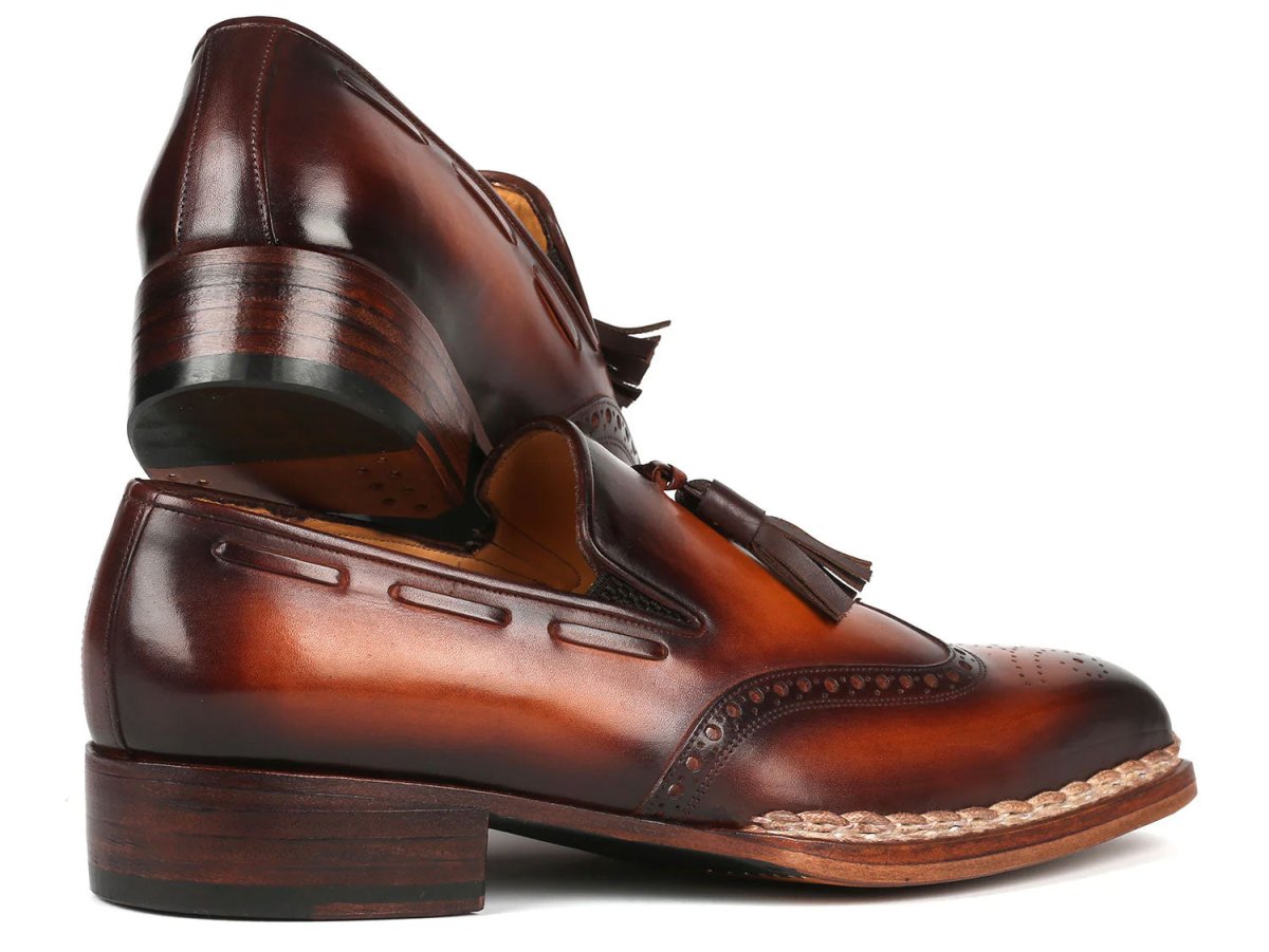 Paul Parkman Men's Custom Made Norwegian Welted Tassel Loafers Brown Burnished Leather 8507 BRW